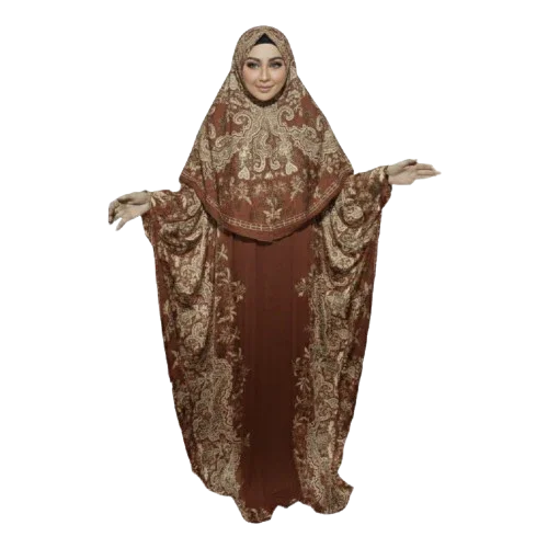 Elegant brown abaya with gold floral embroidery, modest Islamic dress for women