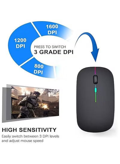 ماوس لاسلكي GeekerChip LED، ماوس كمبيوتر لاسلكي صامت 2.4G قابل لإعادة الشحن مع مستقبل USB، ماوس لاسلكي بإضاءة خلفية RGB رفيع للغاية لأجهزة الكمبيوتر المحمول والكمبيوتر اللوحي