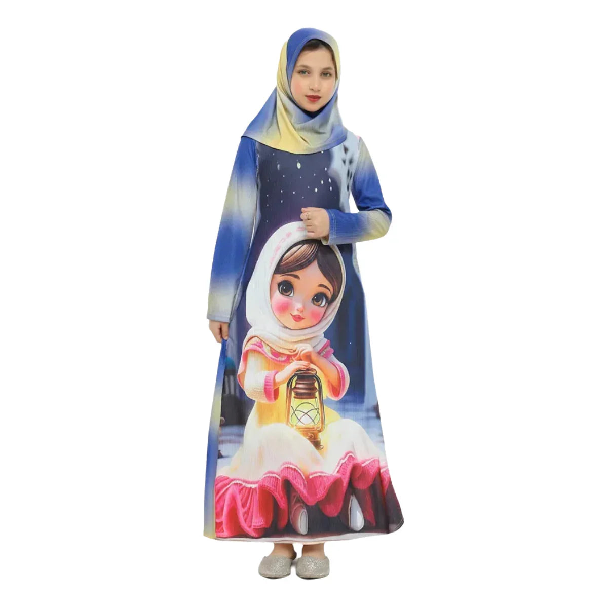 Girl wearing long-sleeve printed abaya with cartoon character, blue gradient design, and pink ruffles