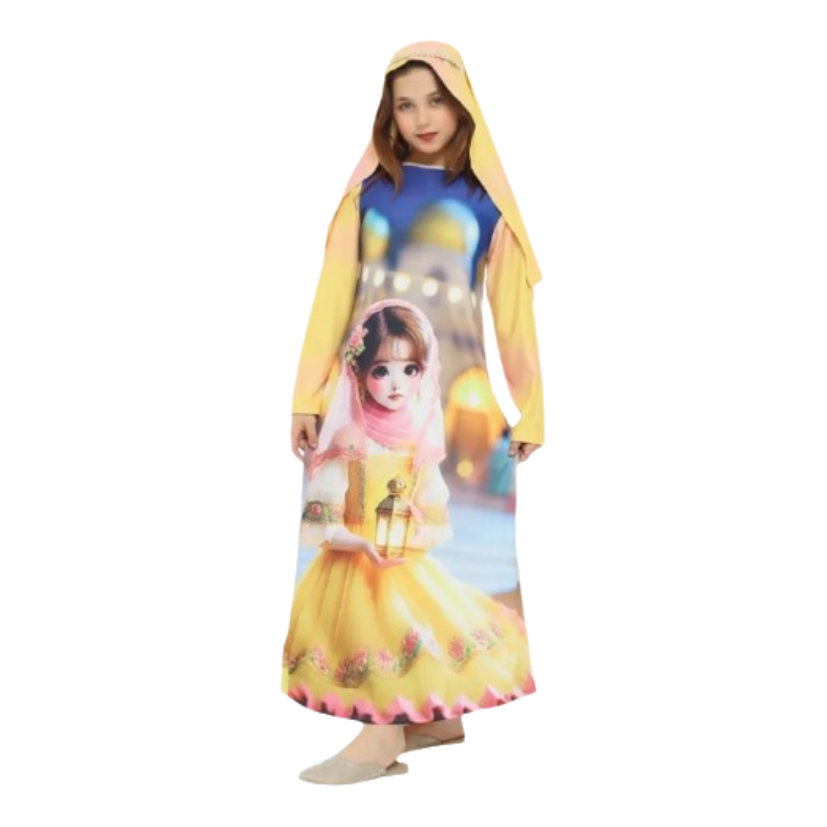 Isdal Ramadan Celebratory Girl's Jalabiya with Character Print & Matching Hijab