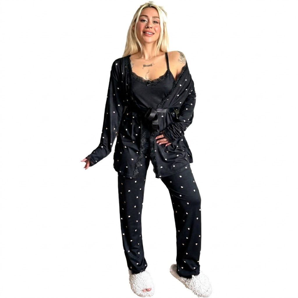Women's 4-Piece points Print Pajama Set with Lace Trim & Butter Robe - Fit up to 75 KG