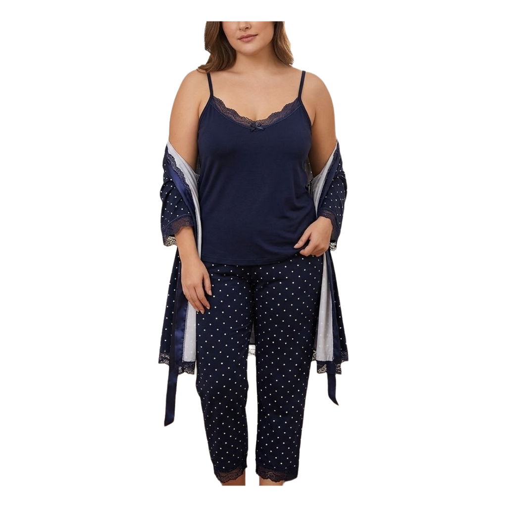 Women's 4-Piece Lingerie Pajama Set - Polka Dot Camisole, Pants & Robe - Navy Blue