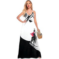 Women's Summer Maxi Dress, Black and White Abstract Print, V-Neck, Spaghetti Strap, Floor Length
