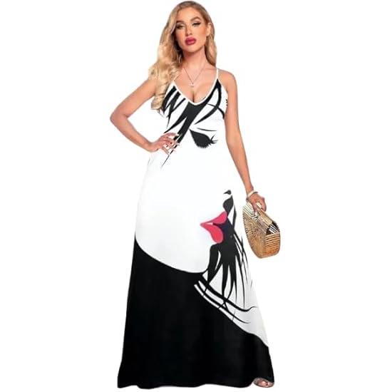 Women's Summer Maxi Dress, Black and White Abstract Print, V-Neck, Spaghetti Strap, Floor Length