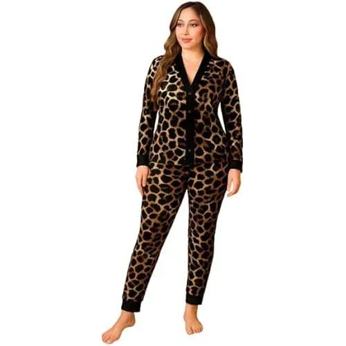 Leopard print women's pajama set with long sleeves and pants, cozy loungewear for home comfort