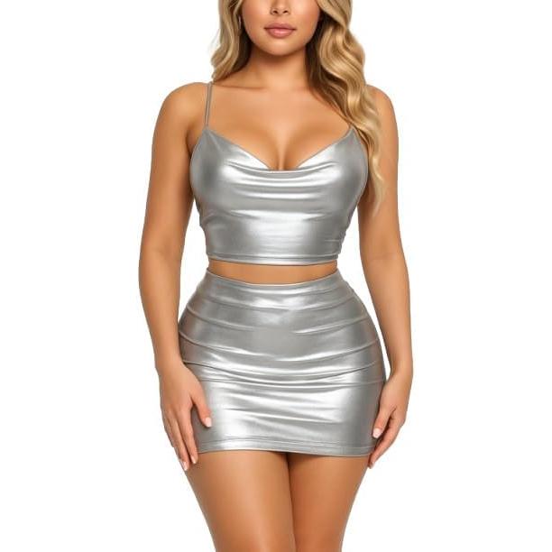 Women's Metallic Two-Piece Crop Top and Mini Skirt Set, Sleeveless, Stretchy Party Club Wear