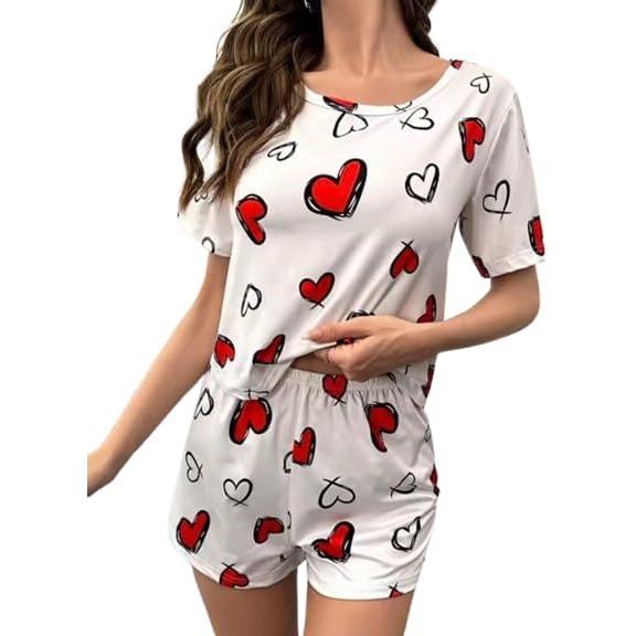 Women's Cotton Heart Print Pajama Set, White with Red Hearts, Short Sleeve Top and Shorts