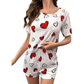 Women's Cotton Heart Print Pajama Set, White with Red Hearts, Short Sleeve Top and Shorts