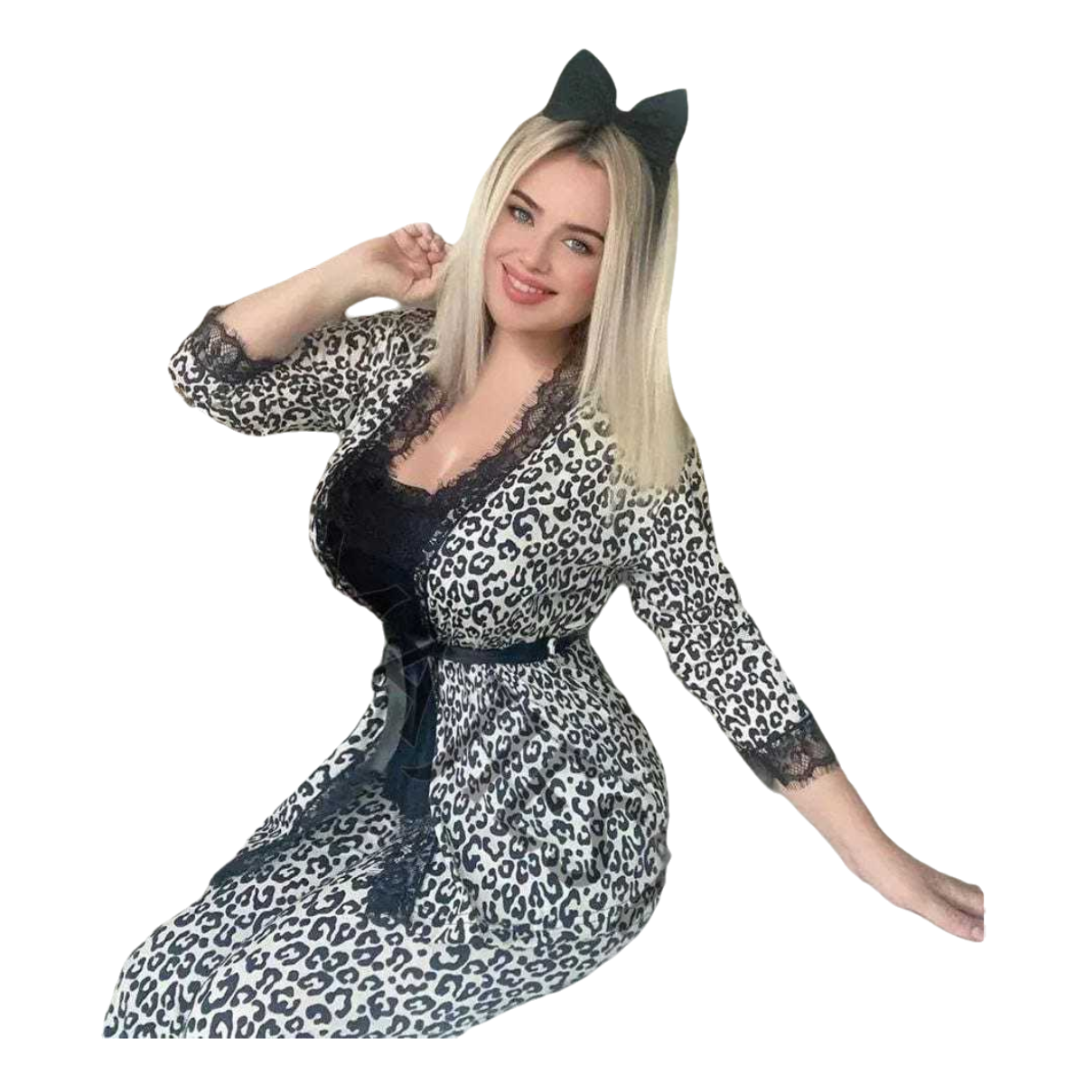 Elegant Leopard Print Robe & Lace Trim Nightwear Set – Monochrome Animal Print Loungewear