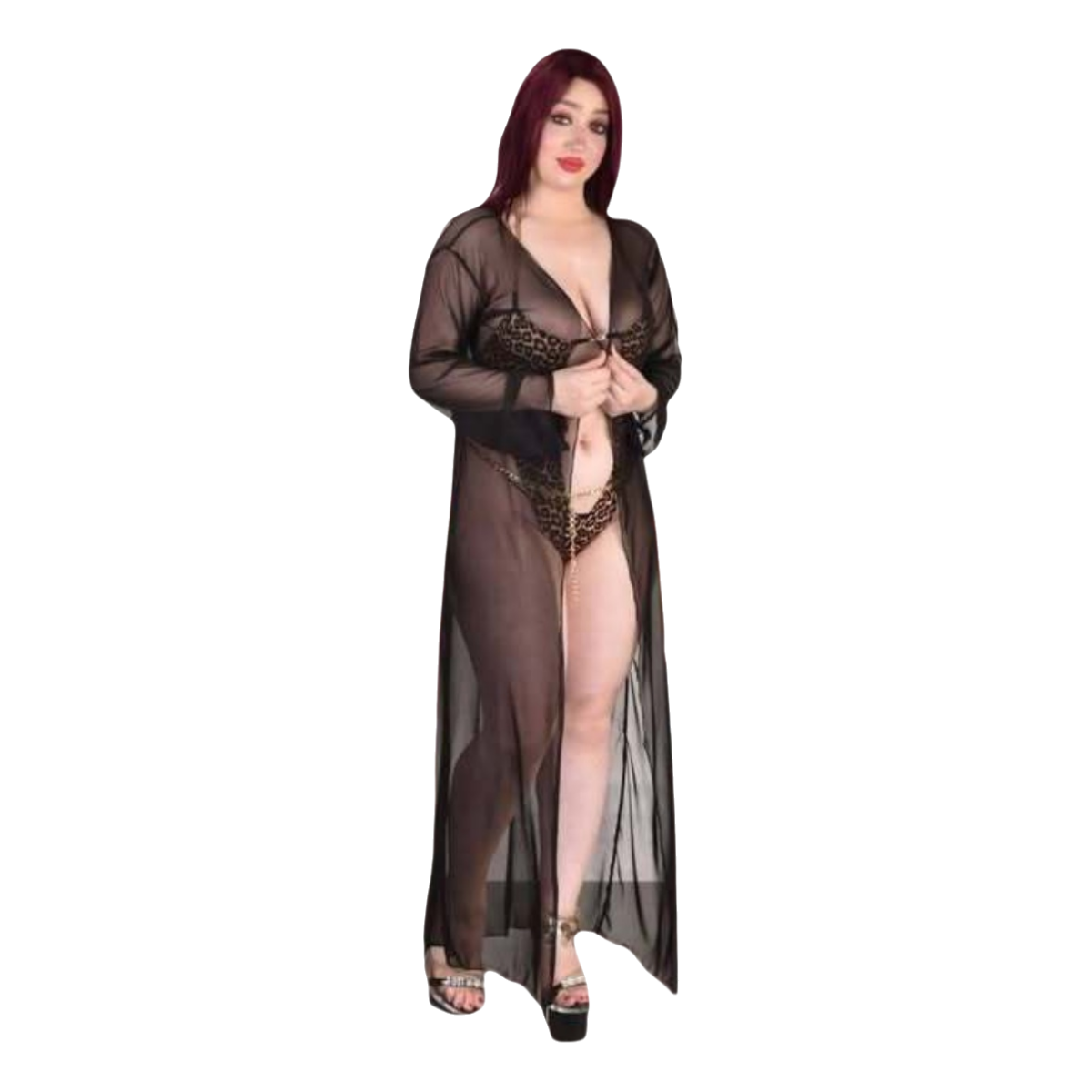 Elegant Plus Size Chiffon Lingerie Set, Leopard Print with Sheer Robe, Imported Butter Material, Fits up to 65 KG