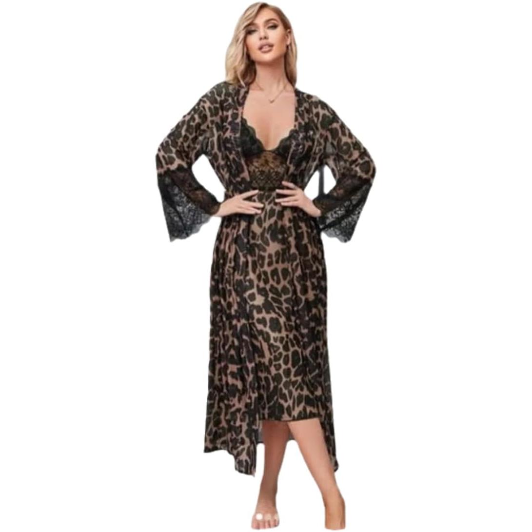 Women's 2-Piece Leopard Print Long Robe and Lace Chemise Lingerie Set - Sexy Satin Nightgown with Flare Sleeves