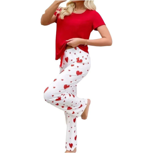 Red short sleeve top with white heart print pants, cozy women's loungewear set
