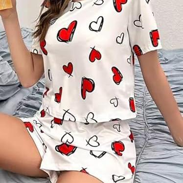Women's Cotton Heart Print Pajama Set, White with Red Hearts, Short Sleeve Top and Shorts