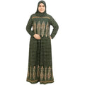 Women's Traditional Embroidered Abaya Dress, Dark Green with Gold Pattern, Plus Size up to 75 KG, Long Length.