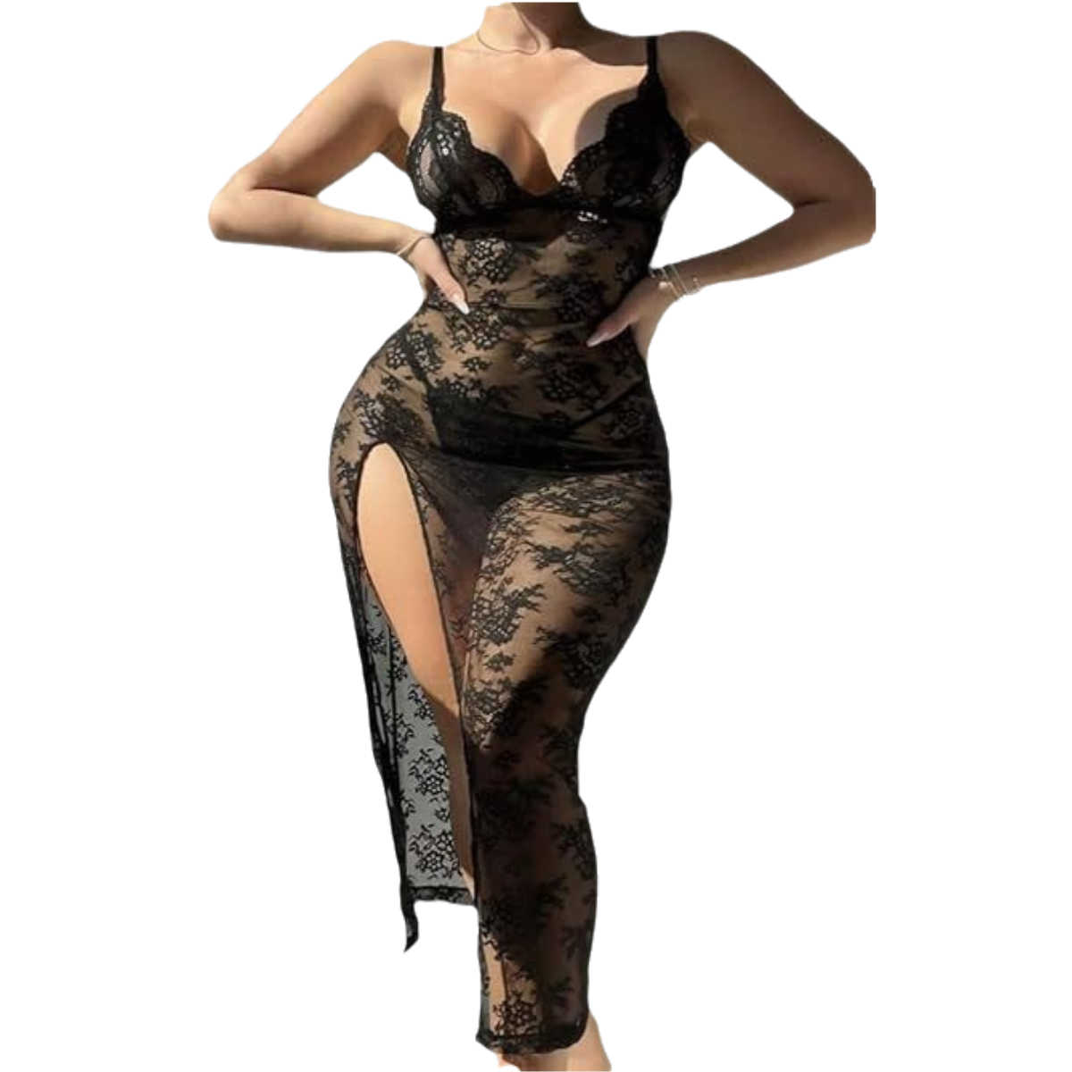 Women's Floral Lace Maxi with Side Slit Chemise Dress - up to 85 KG