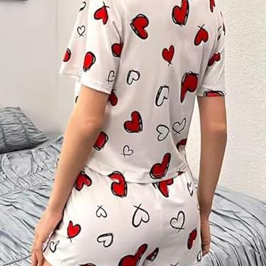Women's Cotton Heart Print Pajama Set, White with Red Hearts, Short Sleeve Top and Shorts