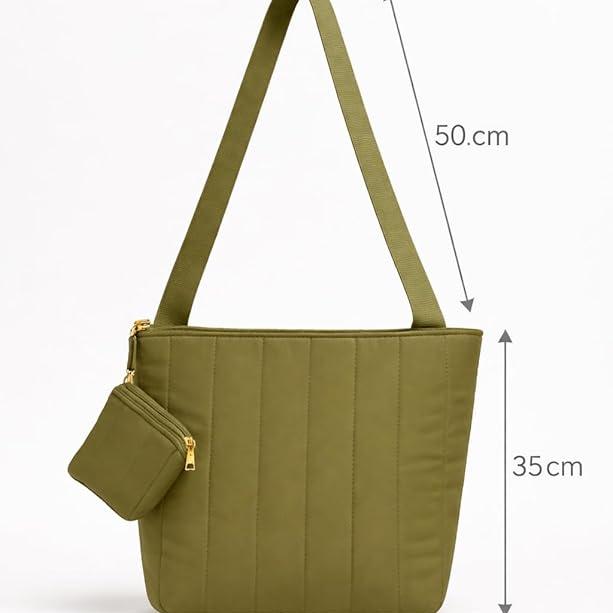 Quilted Shoulder Bag, Waterproof, 40 W x 35 L, Casual Style Handbag with Zipper Closure