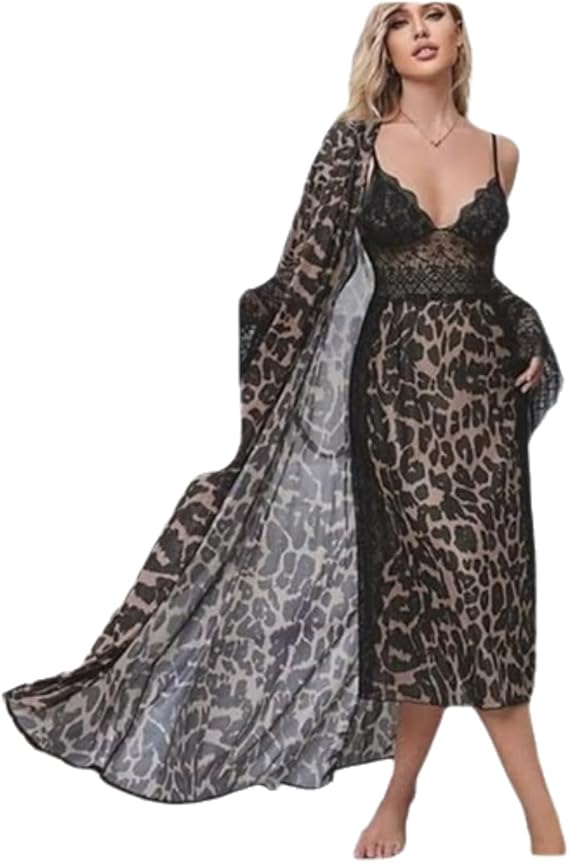 Women's 2-Piece Leopard Print Long Robe and Lace Chemise Lingerie Set - Sexy Satin Nightgown with Flare Sleeves