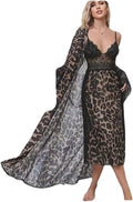 Women's 2-Piece Leopard Print Long Robe and Lace Chemise Lingerie Set - Sexy Satin Nightgown with Flare Sleeves