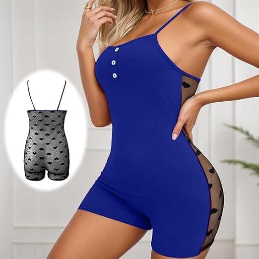 Women's Bodysuit Romper with Mesh Panel Detail, Butter Material, Spaghetti Strap, Fitted Style Up to 65 KG