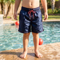 Quick-Dry Kid's Swim Shorts, Navy Blue, Drawstring Waist, Beach Swimming Trunks