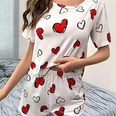 Women's Cotton Heart Print Pajama Set, White with Red Hearts, Short Sleeve Top and Shorts