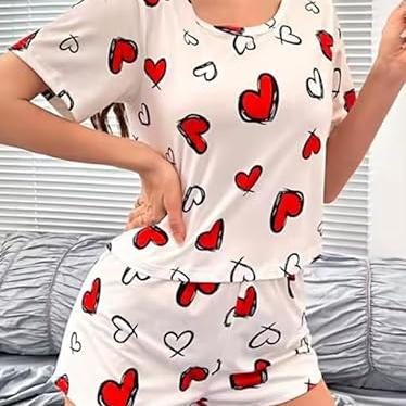 Women's Cotton Heart Print Pajama Set, White with Red Hearts, Short Sleeve Top and Shorts