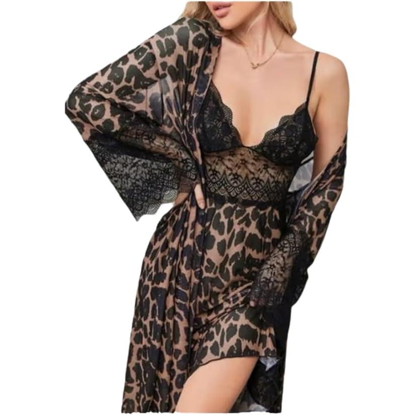 Women's 2-Piece Leopard Print Long Robe and Lace Chemise Lingerie Set - Sexy Satin Nightgown with Flare Sleeves