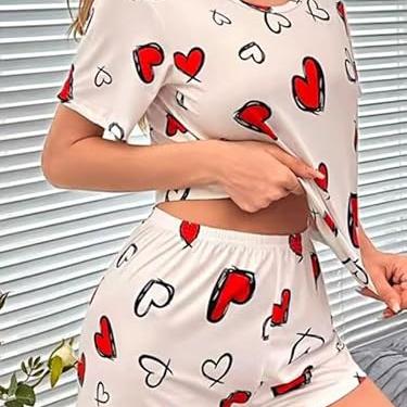 Women's Cotton Heart Print Pajama Set, White with Red Hearts, Short Sleeve Top and Shorts