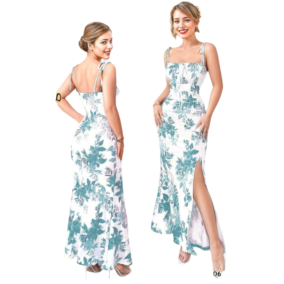Floral Print Ruched Maxi Dress with Thigh Slit and Tie-Straps - Fit up to 65 KG