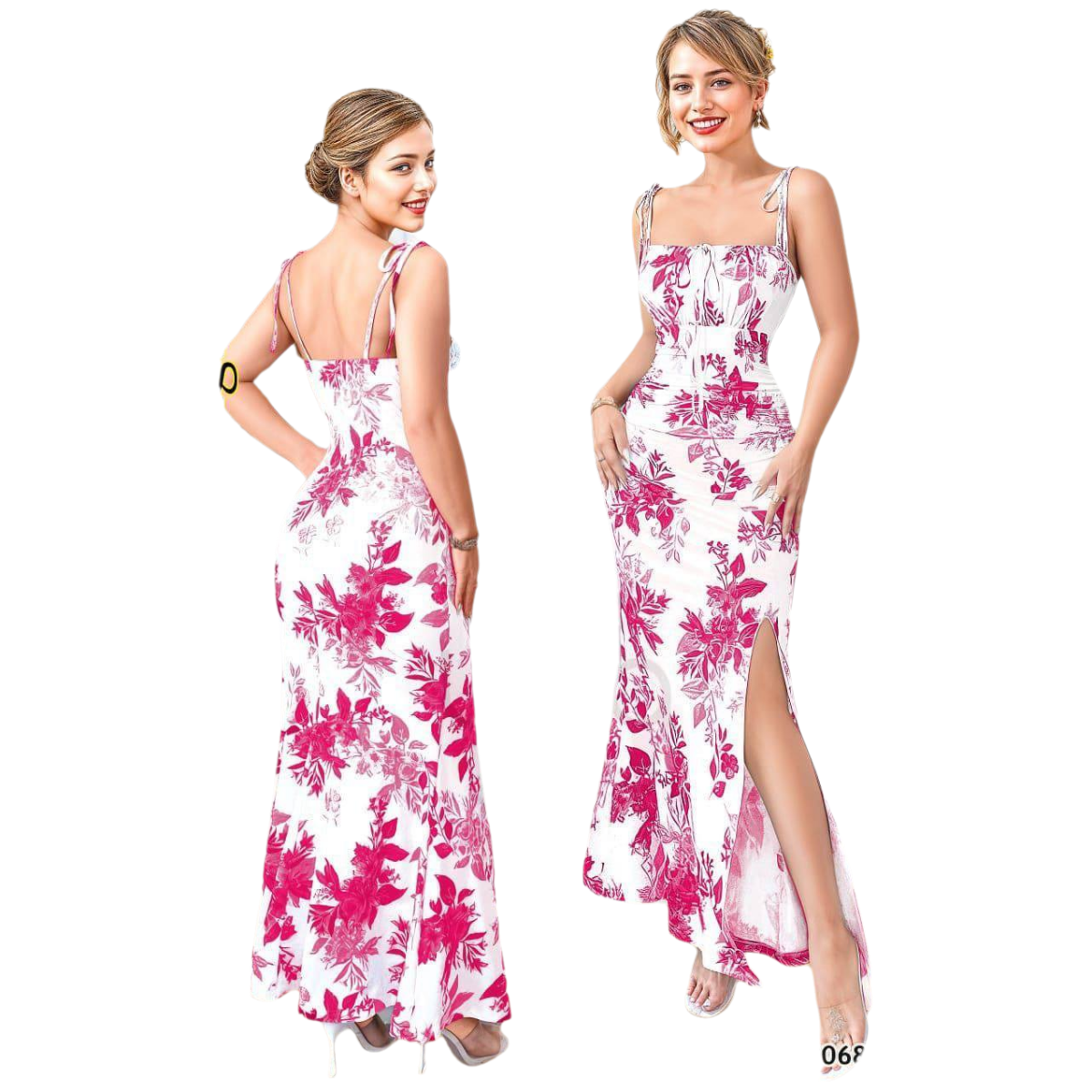 Floral Print Ruched Maxi Dress with Thigh Slit and Tie-Straps - Fit up to 65 KG