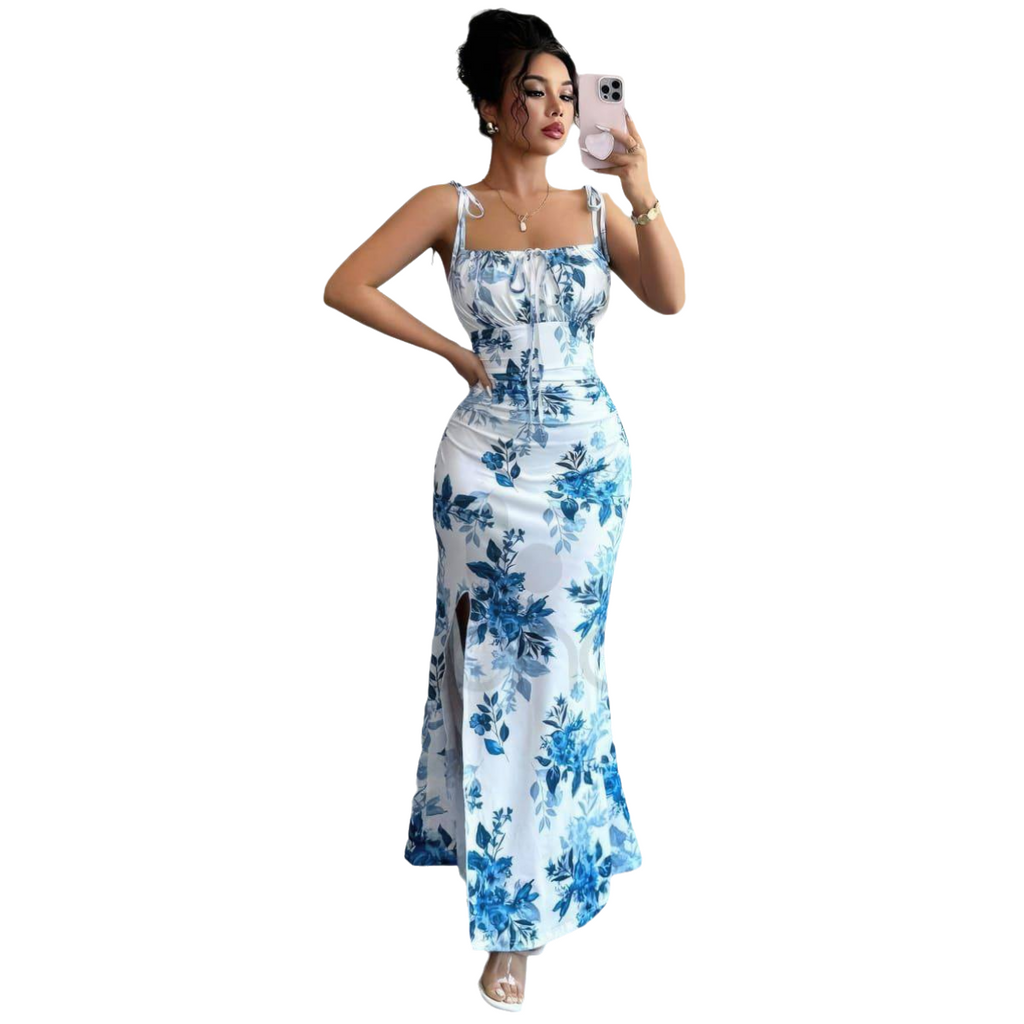 Floral Print Ruched Maxi Dress with Thigh Slit and Tie-Straps - Fit up to 65 KG