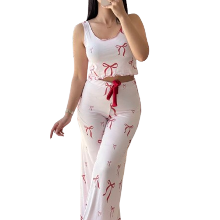 Two-Piece Ribbon Print Loungewear Set