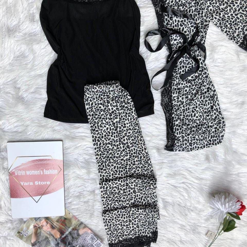 Elegant Leopard Print Robe & Lace Trim Nightwear Set – Monochrome Animal Print Loungewear
