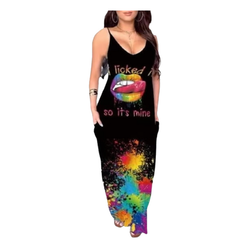 casual maxi dress with a graphic lip print and colorful splatter design