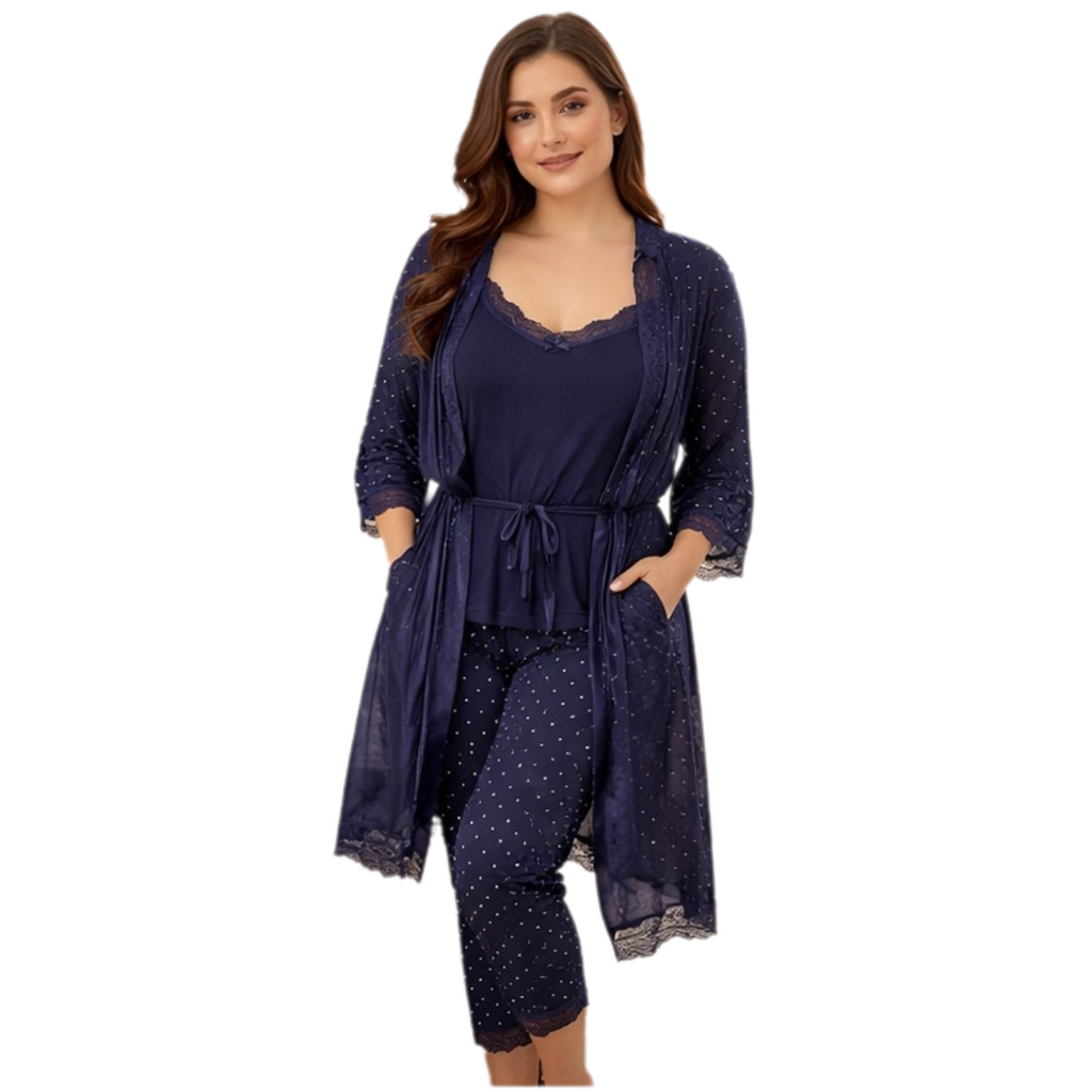 Women's 4-Piece Lingerie Pajama Set - Polka Dot Camisole, Pants & Robe - Navy Blue