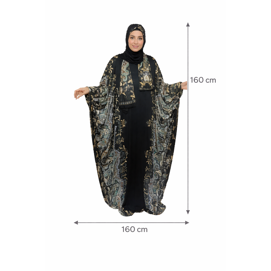 Elegant Modest Isdal, Traditional Long Sleeve Maxi Gown, Beige and Black Abstract Pattern, Fits Up to 115 KG