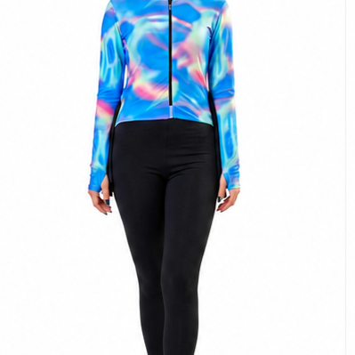 Women's 2-Piece Burkini Swimsuit - Galactic Print Zip-Up Top with Black Leggings - Premium Lycra Fiber Fabric.