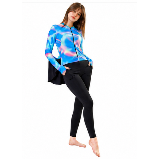 Women's 2-Piece Burkini Swimsuit - Galactic Print Zip-Up Top with Black Leggings - Premium Lycra Fiber Fabric.