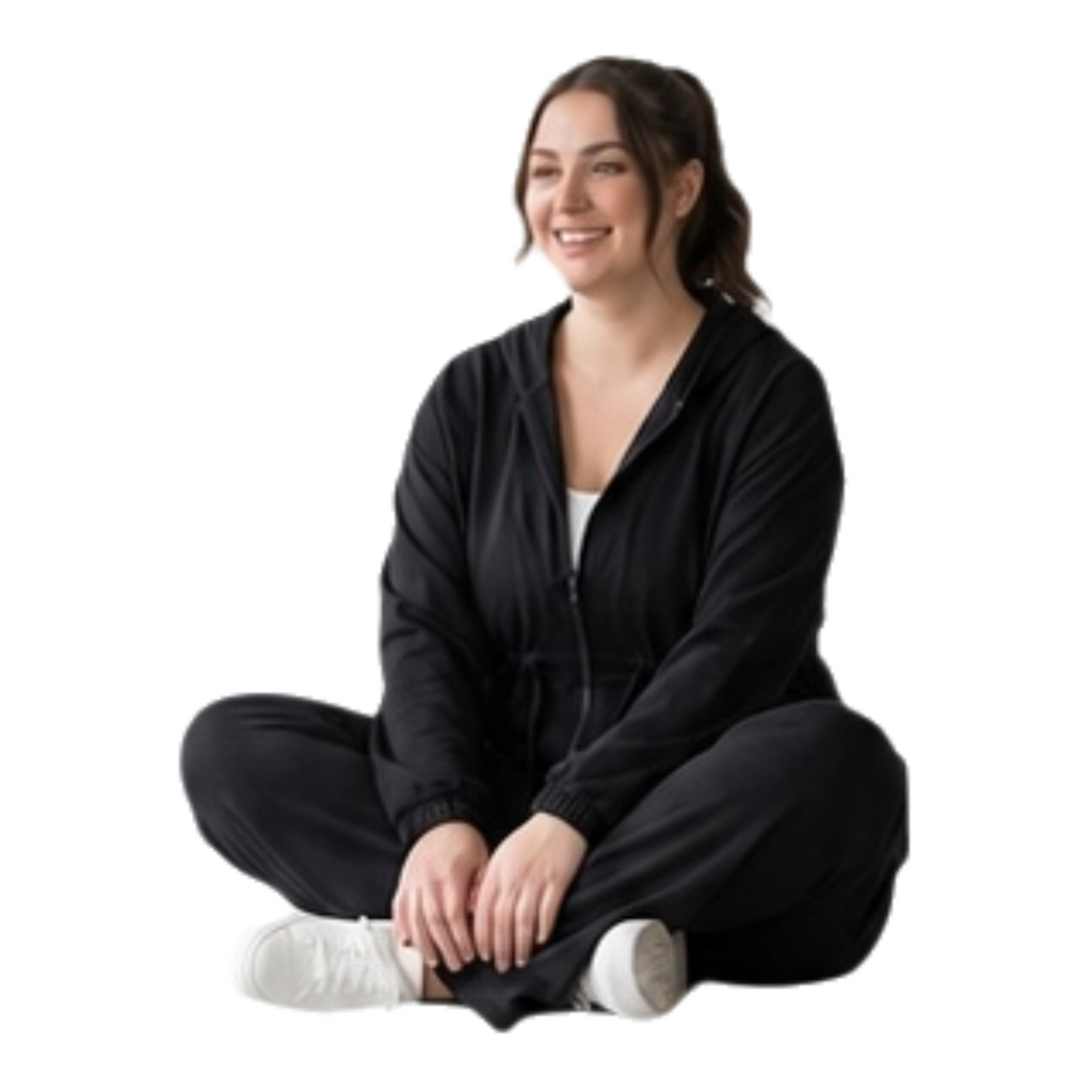 Women's 2-Piece Black Cargo Lounge Set - Full-Zip Hoodie Jacket with Ruched Waistband & Wide-Leg Flare Pants
