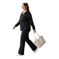Women's two-piece casual set consisting of a full-zip hoodie jacket with an adjustable waist and wide-leg high-waisted cargo pants, made of soft, comfortable cotton fabric, suitable for home, daily outings, travel, and sports, in black.