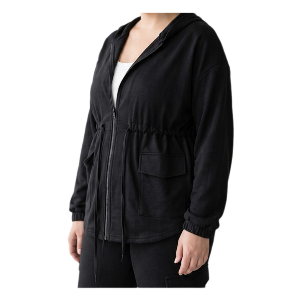 Women's 2-Piece Black Cargo Lounge Set - Full-Zip Hoodie Jacket with Ruched Waistband & Wide-Leg Flare Pants