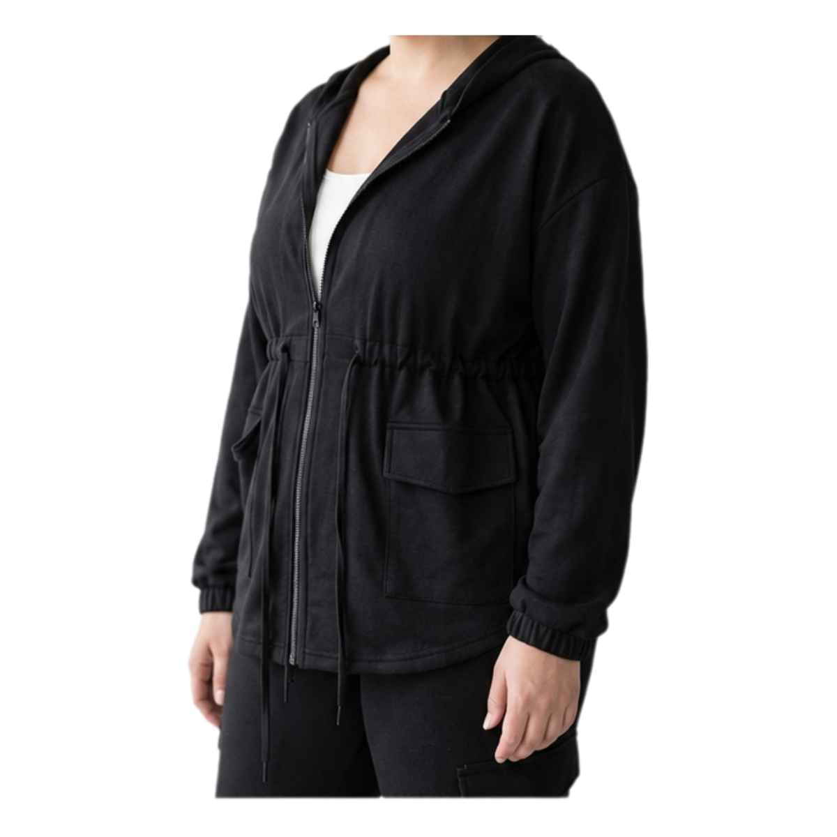 Women's 2-Piece Black Cargo Lounge Set - Full-Zip Hoodie Jacket with Ruched Waistband & Wide-Leg Flare Pants