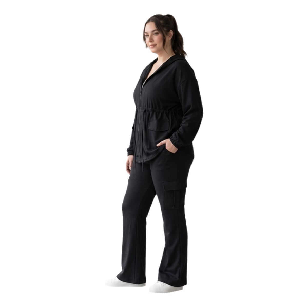 Women's 2-Piece Black Cargo Lounge Set - Full-Zip Hoodie Jacket with Ruched Waistband & Wide-Leg Flare Pants