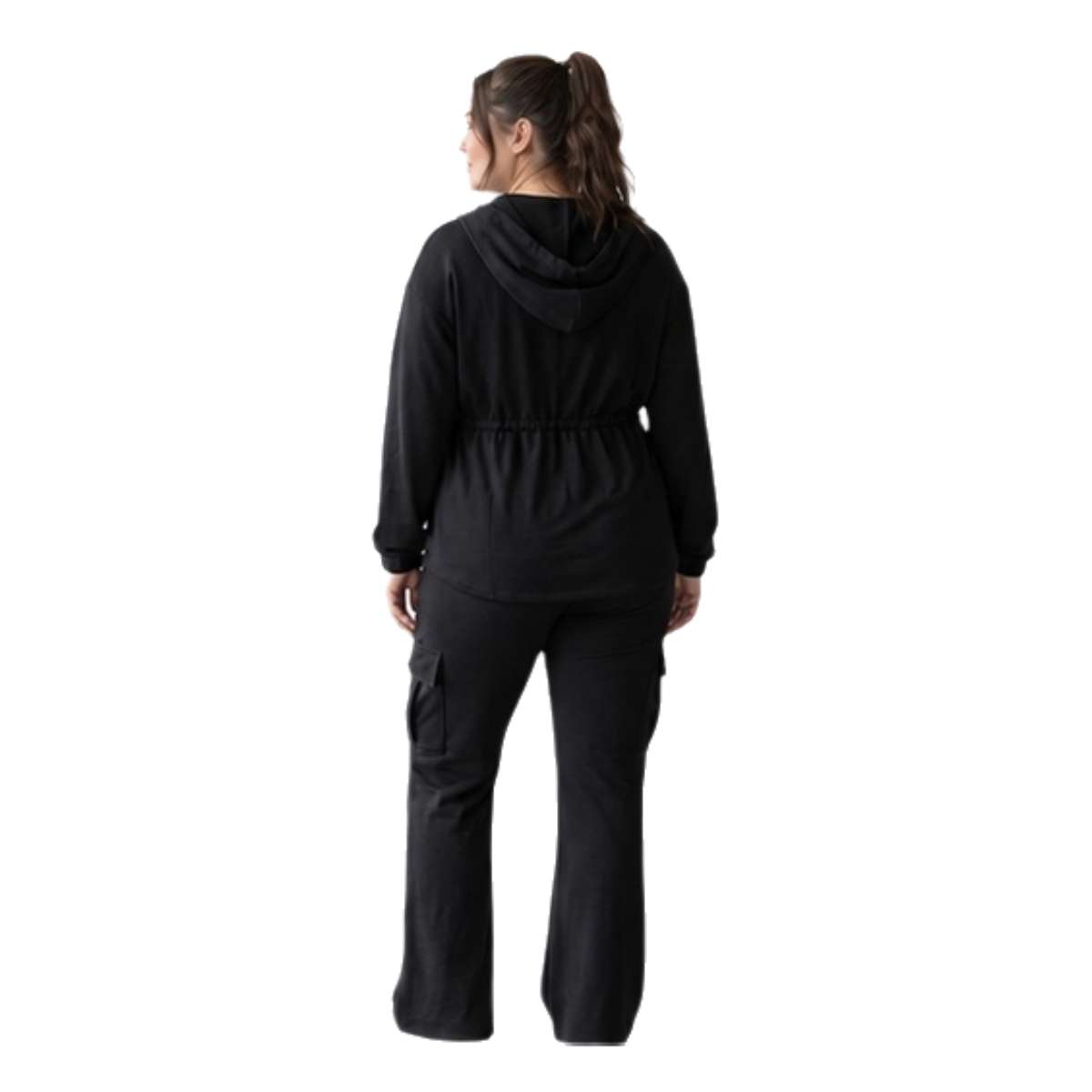 Women's 2-Piece Black Cargo Lounge Set - Full-Zip Hoodie Jacket with Ruched Waistband & Wide-Leg Flare Pants