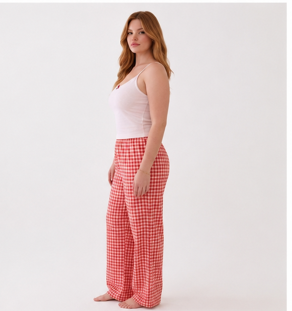 Women's 2-Piece Cotton Pajama Set – Camisole Top & Gingham Checkered Pants - Up to 75 KG