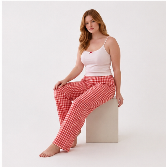 Women's 2-Piece Cotton Pajama Set – Camisole Top & Gingham Checkered Pants - Up to 75 KG