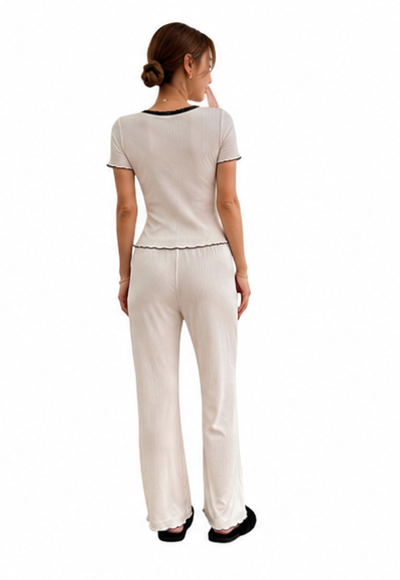 Women's Imported Ribbed 2-Piece Pajama Set – Short Sleeve Top & Long Pants – Soft Comfortable Loungewear and Sleepwear – Fits Up to 65 kg