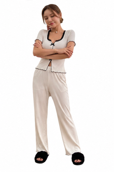 Women's Imported Ribbed 2-Piece Pajama Set – Short Sleeve Top & Long Pants – Soft Comfortable Loungewear and Sleepwear – Fits Up to 65 kg