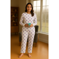 Women's Maple Leaf Print Pajama Set, Long Sleeve, White and Purple Cotton Loungewear, Casual Sleepwear , up to 90 KG